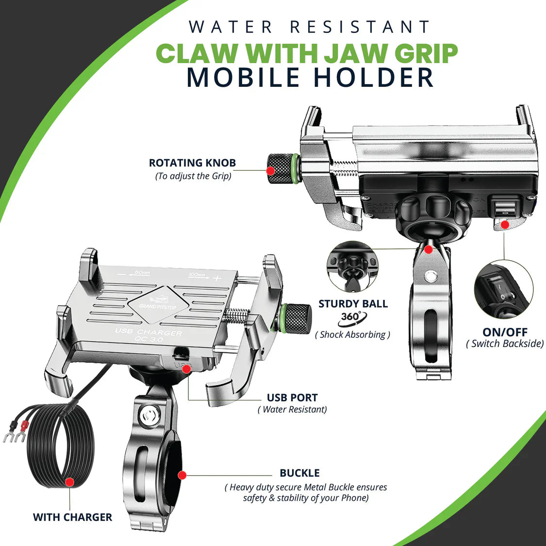 Claw with Jaw Grip Aluminium Mobile Holder with Charger - Silver