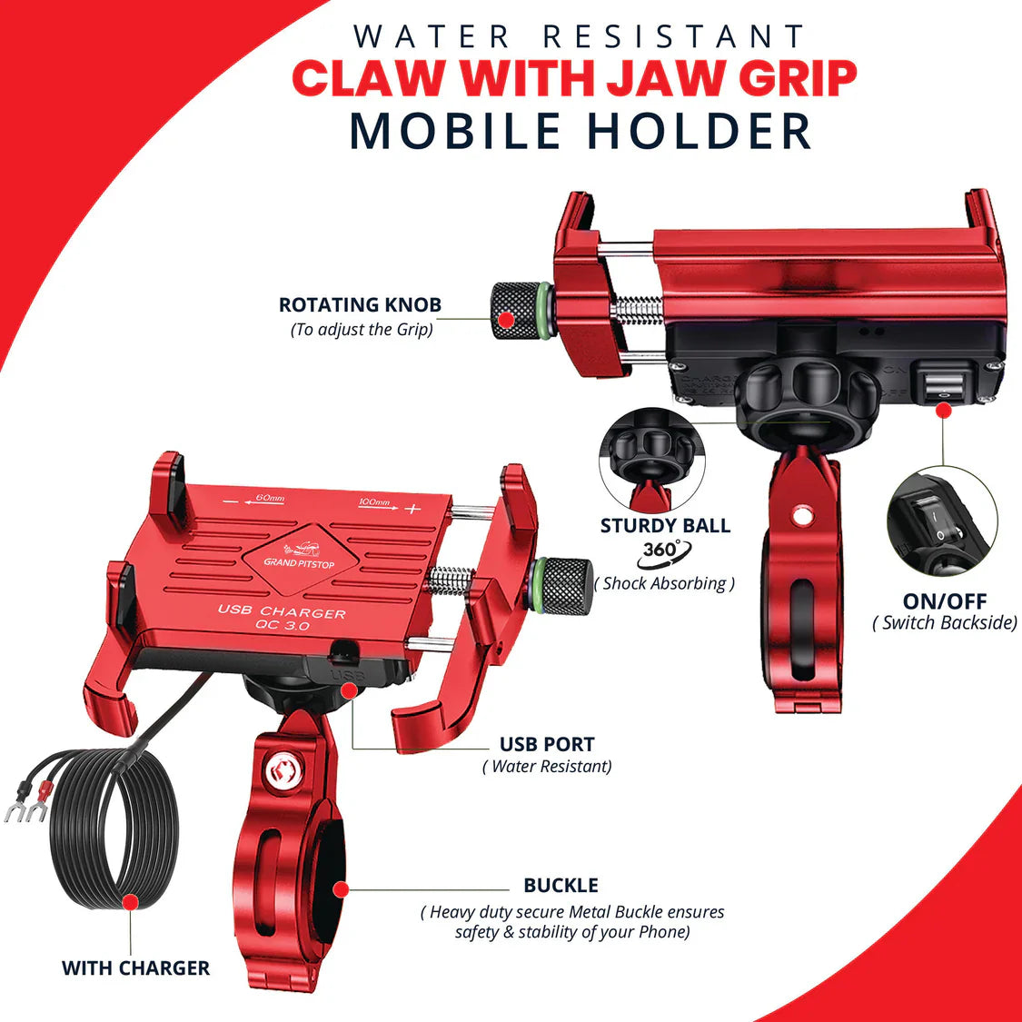 Claw with Jaw Grip Aluminium Mobile Holder with Charger - Red