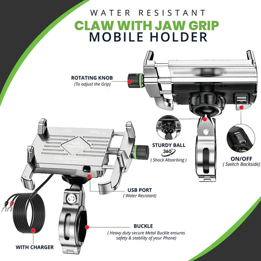 Claw with Jaw Grip Aluminium Mobile Holder with Charger - Silver