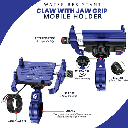 Claw with Jaw Grip Aluminium Mobile Holder with Charger - Blue