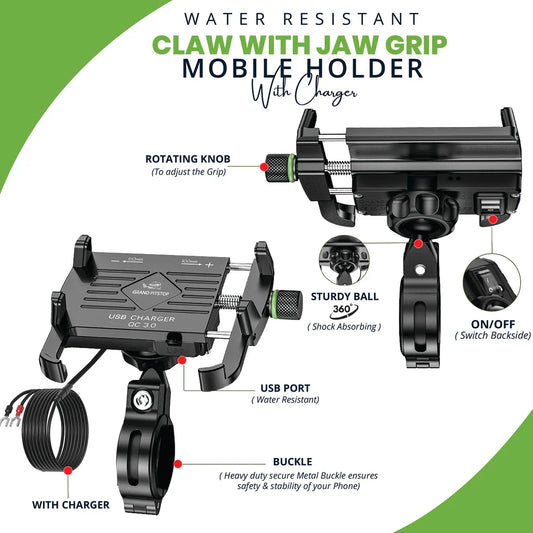 Claw with Jaw Grip Aluminium Mobile Holder with Charger - Black