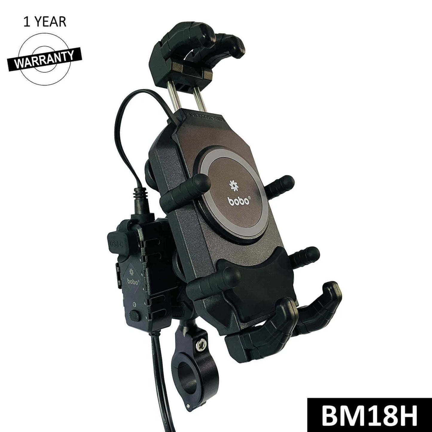 BOBO BM18H (or BM18M) PRO Handlebar (or Mirror) Anti-Vibration Bike Phone Holder (with Fast 15W Wireless Charger & USB-C Charging Module) Motorcycle Mobile Mount